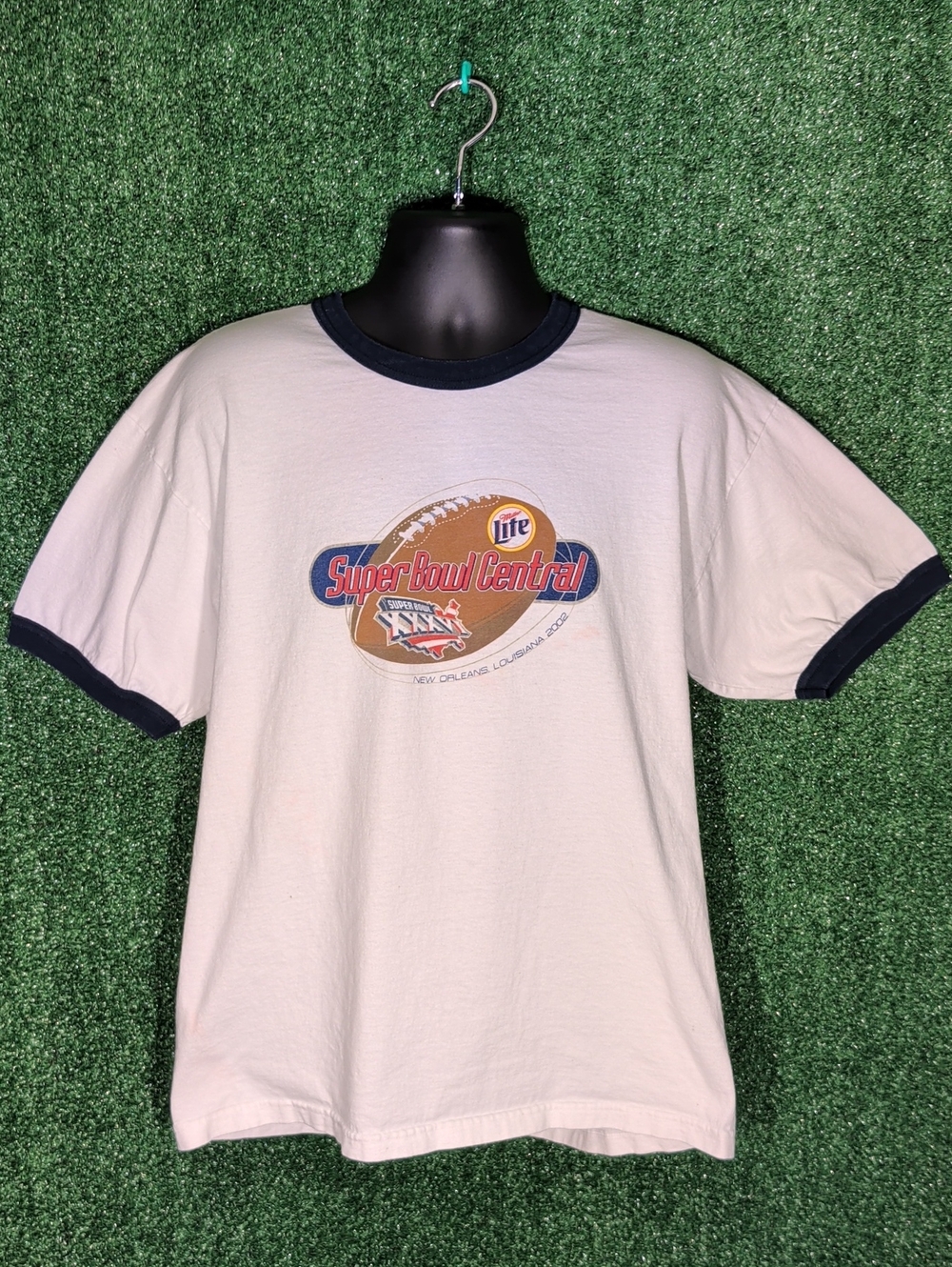 Super Bowl XXXVI 2002 T-Shirt Size XL Football Beer NFL Ringer Murina Tag